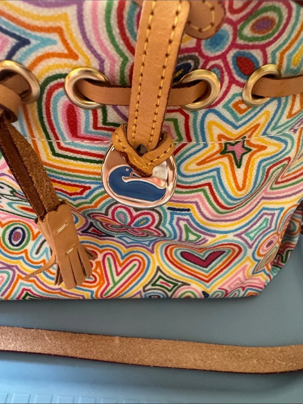 Dooney & Bourke Multicolor Logo Print Canvas Satchel with Tan Leather Trim